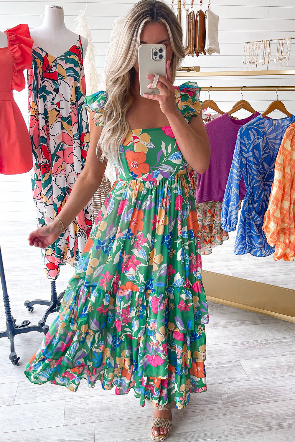 Floral Print Sleeveless Ruffle Tiered Maxi Dress