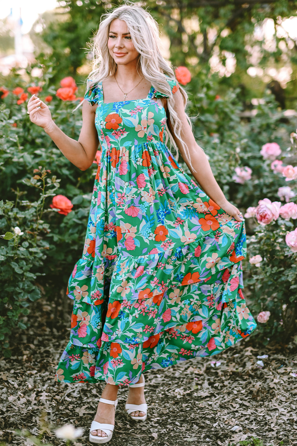 Floral Print Sleeveless Ruffle Tiered Maxi Dress