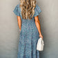 Blue Printed V Neck Shirred Short Puff Sleeve Maxi Dress