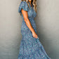 Blue Printed V Neck Shirred Short Puff Sleeve Maxi Dress