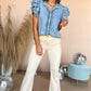 Button Front Ruffled Flutter Frayed Denim Top