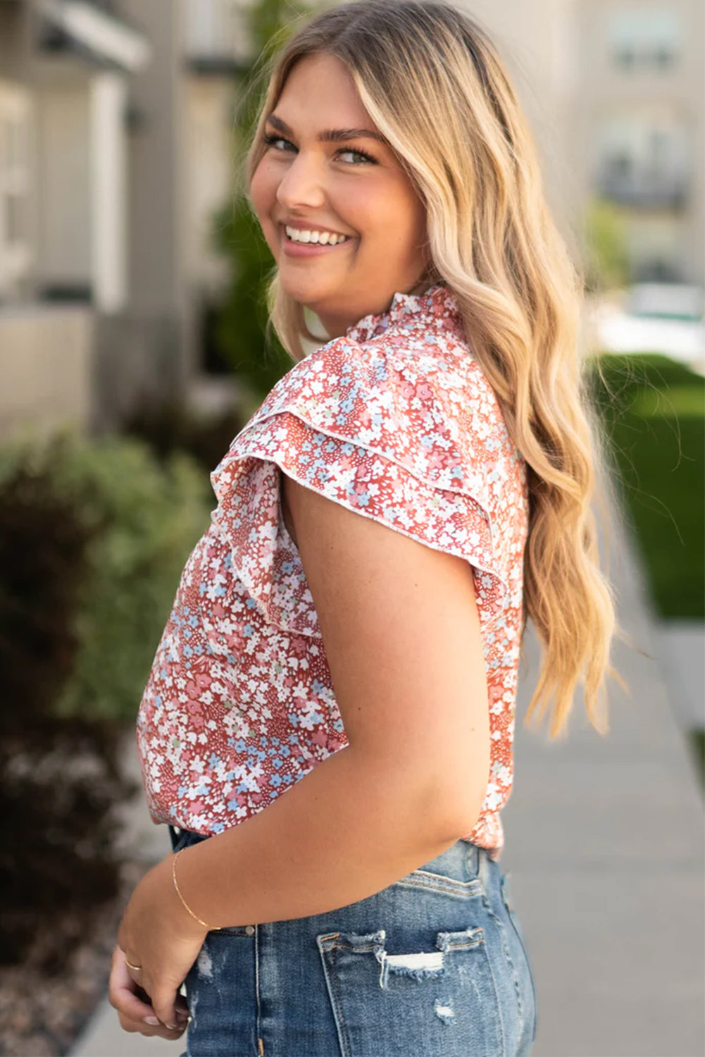 Plus Size Pink Floral Print Ruffled Sleeve Frilled Neck Blouse