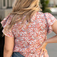 Plus Size Pink Floral Print Ruffled Sleeve Frilled Neck Blouse