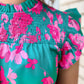 Plus Size Teal Floral Print Ruffled Flutter Shoulder Smocked Blouse