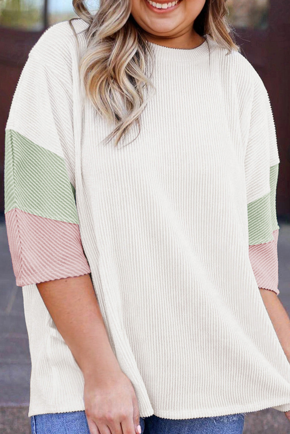 Plus Textured Colorblock Patchwork Top