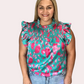 Plus Size Teal Floral Print Ruffled Flutter Shoulder Smocked Blouse