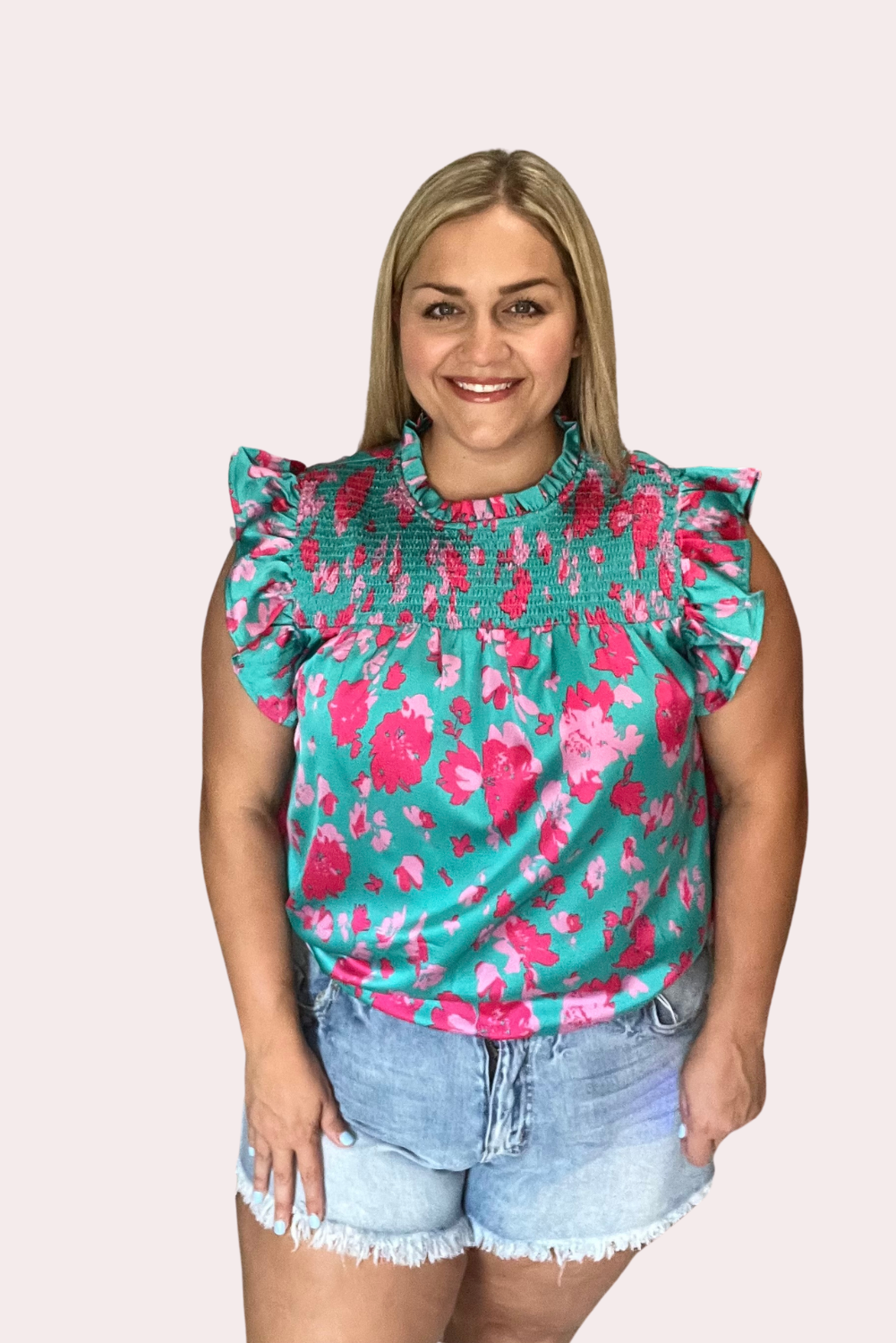 Plus Size Teal Floral Print Ruffled Flutter Shoulder Smocked Blouse