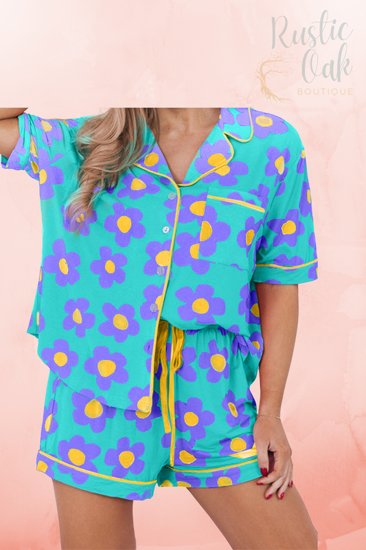 Sky Blue Flower Print Short Sleeve Pajamas Set