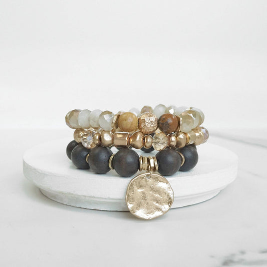 Brownstone Bead & Coin Bracelet Set