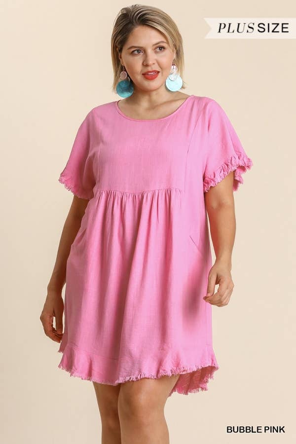 Plus Size Linen Blend Round Neck Lining Detail Dress