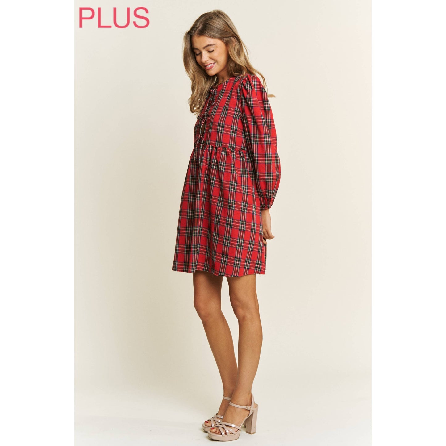 Plus Plaid Babydoll Bow Mini Dress