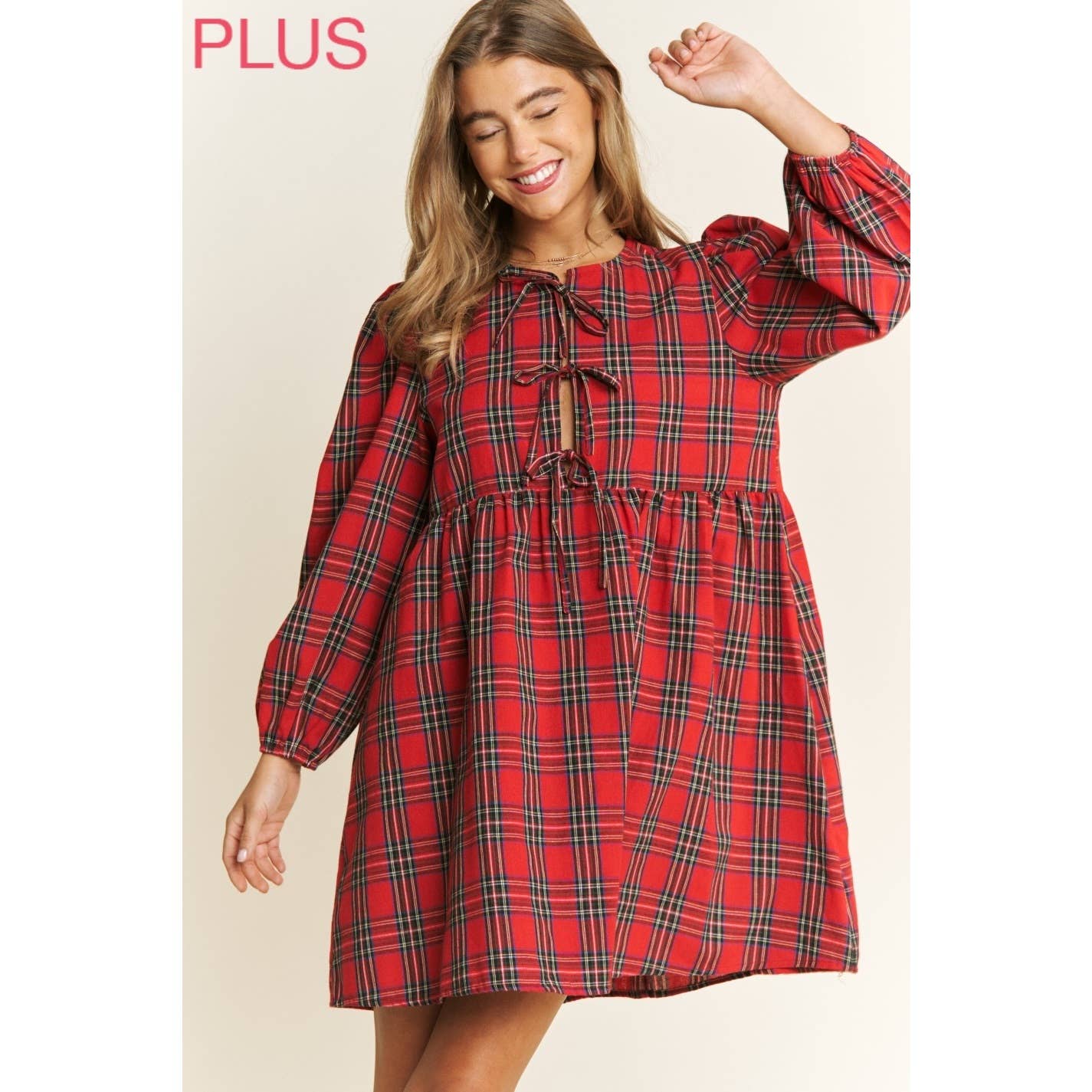 Plus Plaid Babydoll Bow Mini Dress