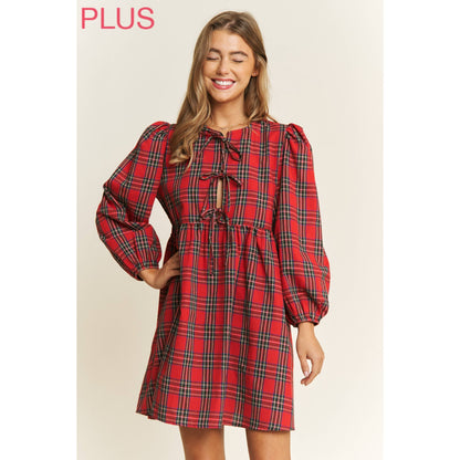 Plus Plaid Babydoll Bow Mini Dress