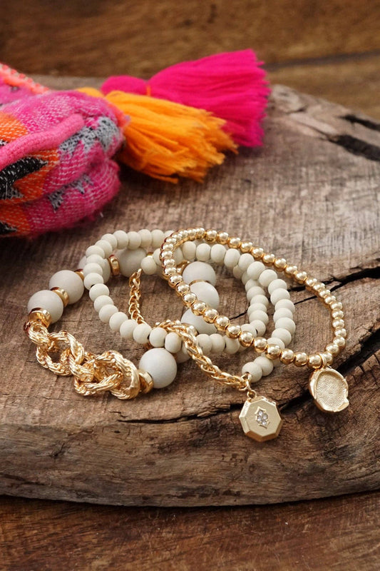 Cream & Gold Wooden Bead Bracelet Set